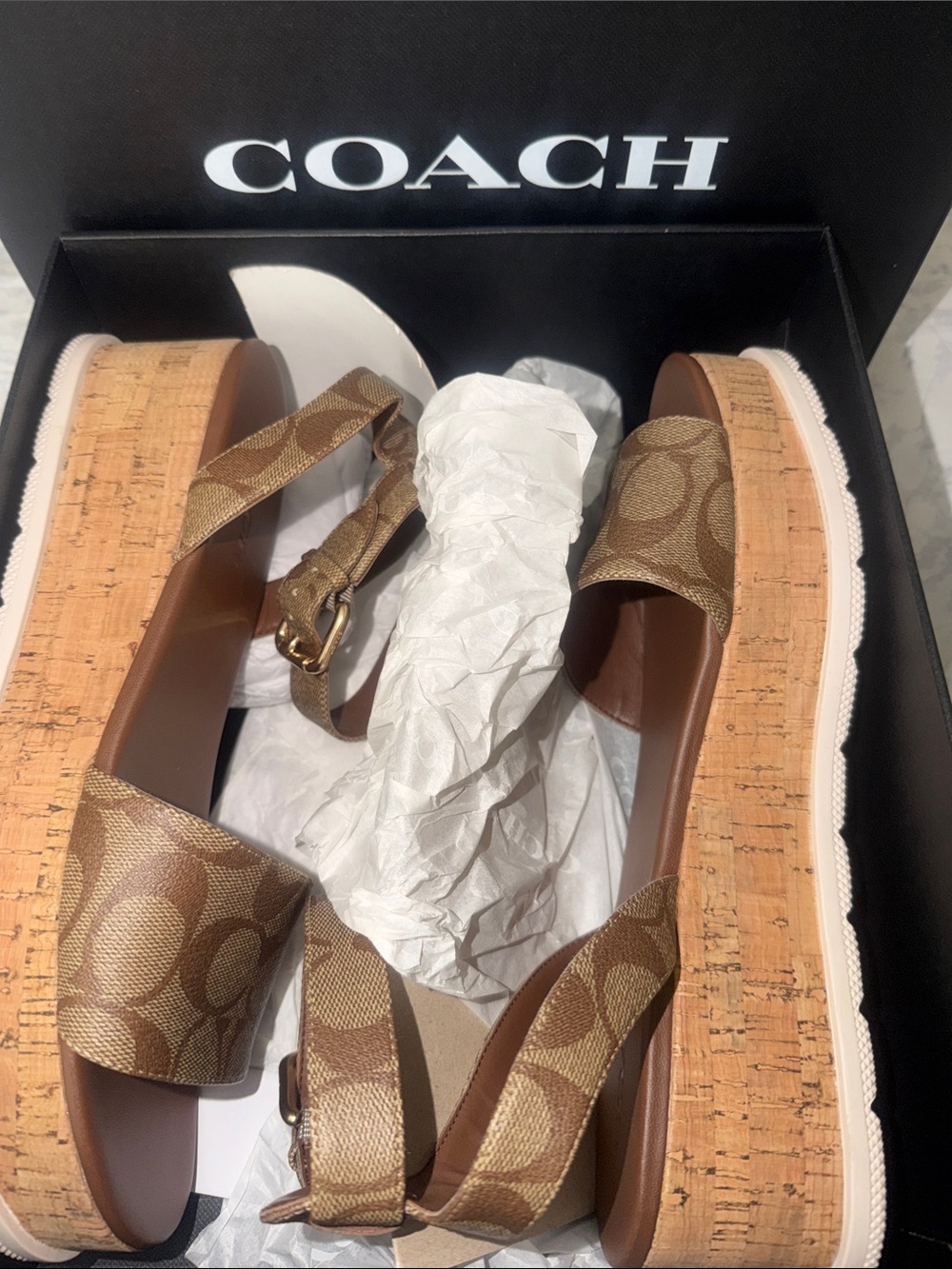 COACH Tan/Cream Signature Cork Platform Sandals